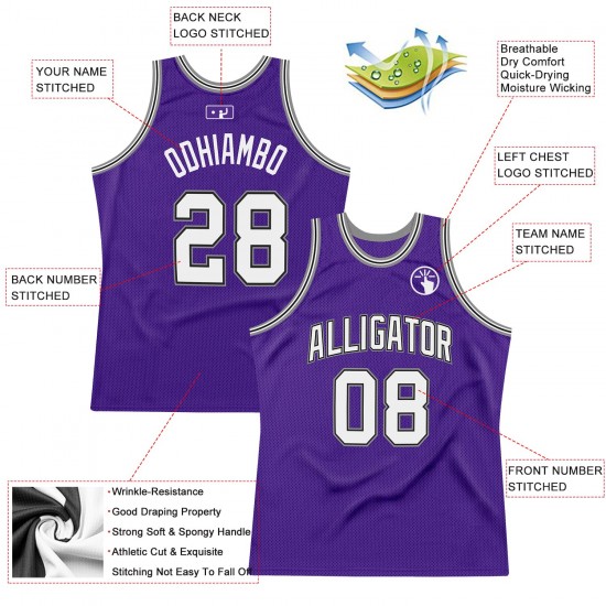Custom Purple White-Silver Gray Authentic Throwback Basketball Jersey Custom Purple White-Silver Gray Authentic Throwback Basketball Jersey