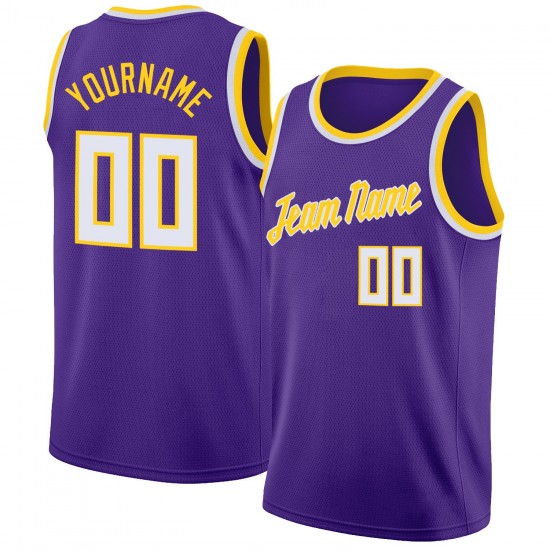 Custom Purple White-Gold Round Neck Rib-Knit Basketball Jersey Custom Purple White-Gold Round Neck Rib-Knit Basketball Jersey